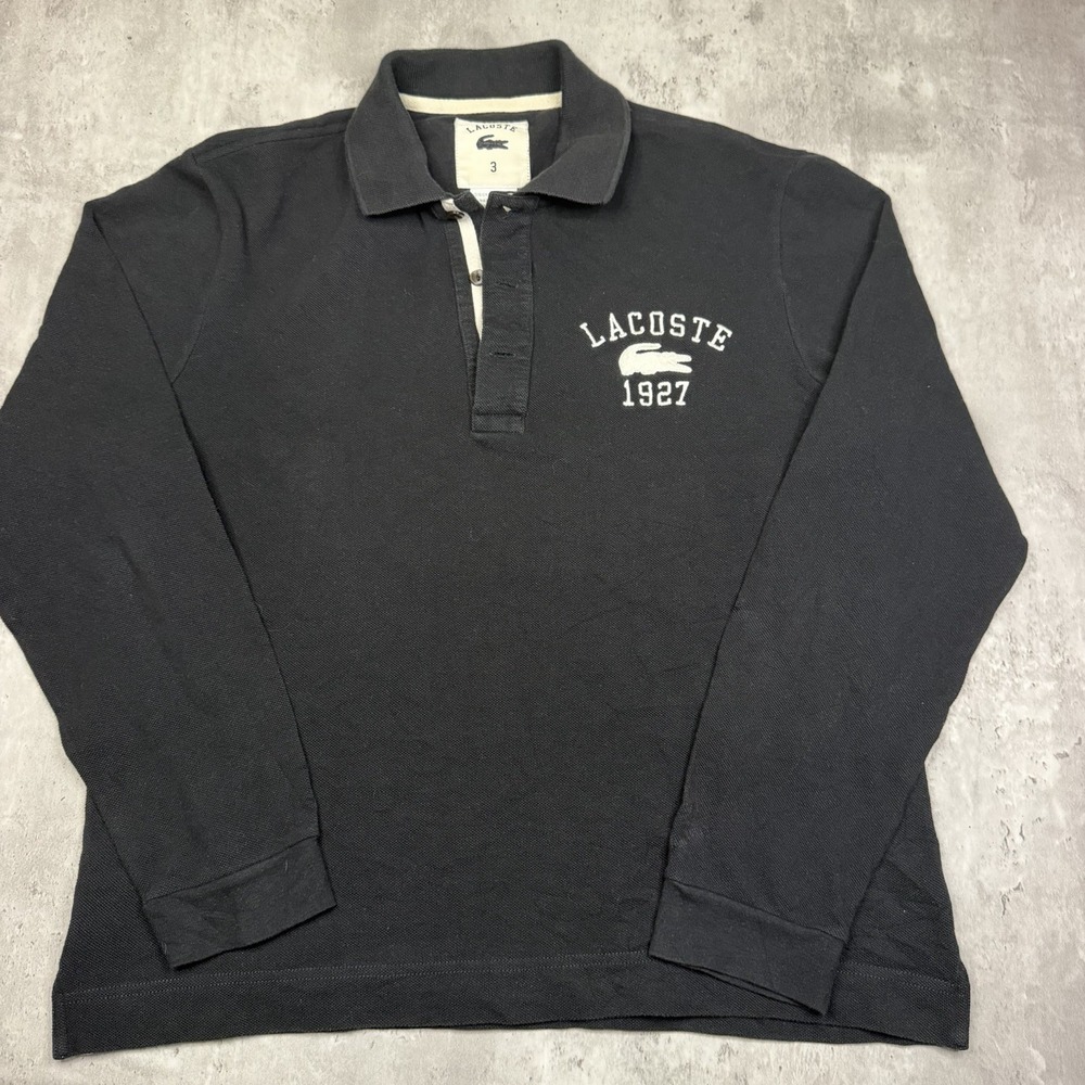 Lacoste Mens Long Sleeve Pique Polo Shirt Black Jersey Rugby #2 Size 3 Big Logo